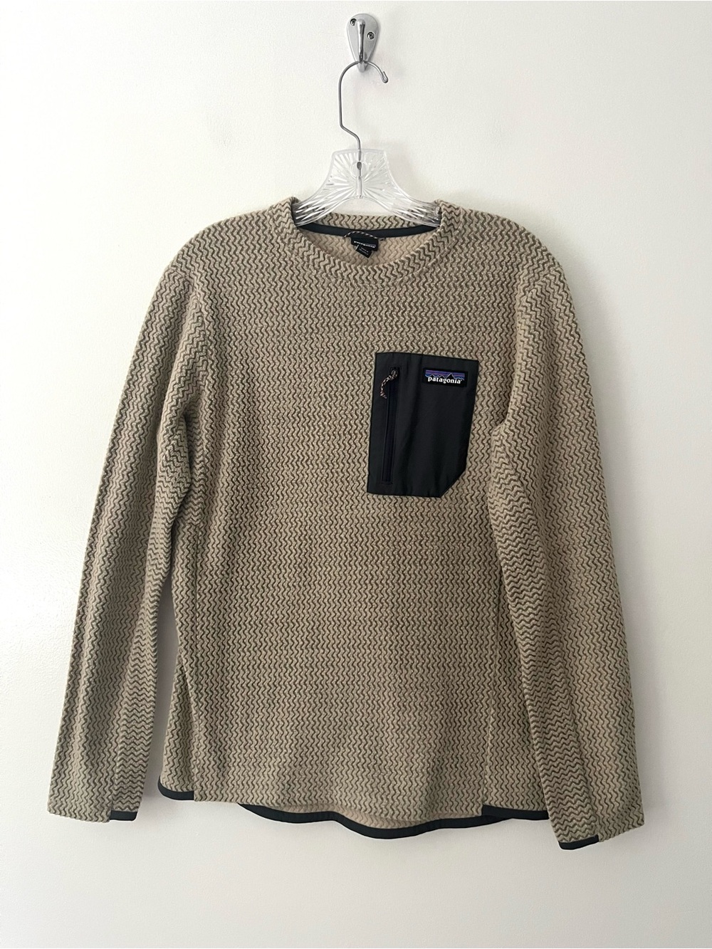 Patagonia R1 Air Crew Fleece Long Sleeve Sweatshirt Pocket Beige Medium
